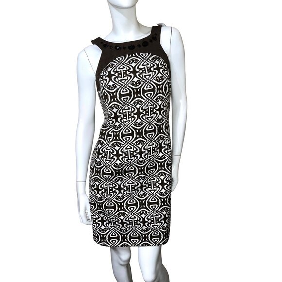 Brown & White Geometric Pattern Sleeveless Dress size 6P With Black Jewel Trim - Picture 3 of 13